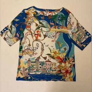 Chico’s tropical palm trees flamingo print 100% cotton short sleeve blouse L NWT